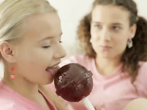 Pigtailed Teen Girlfriends Share A Lollipop And Finger Pussy